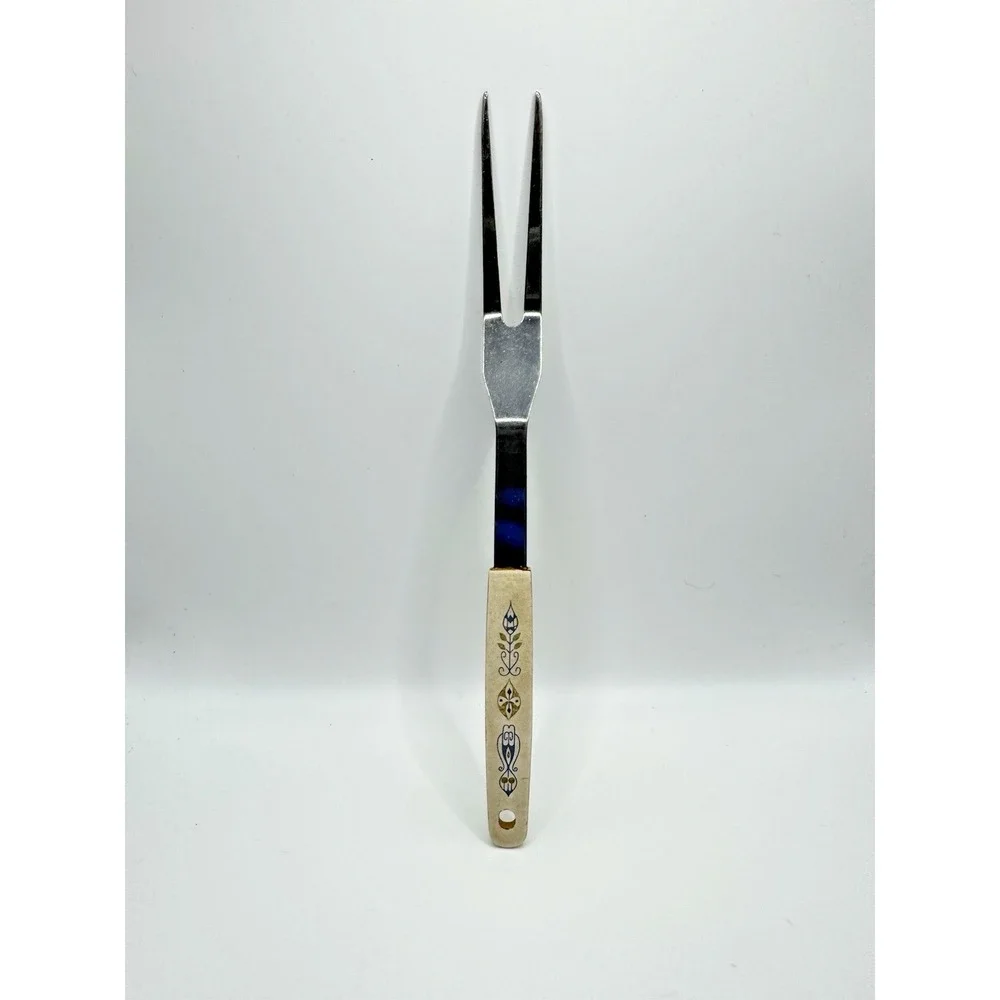 Vintage Japan Stainless Steel Plastic Handle Blue Gold Floral Design Meat Fork